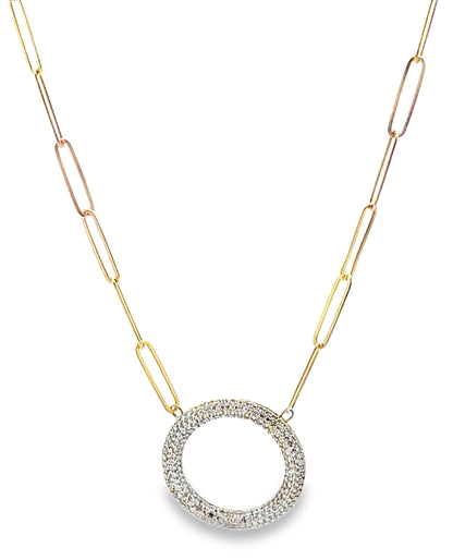 14K Yellow Gold Paperclip Chain & Round Diamond Pendant Necklace