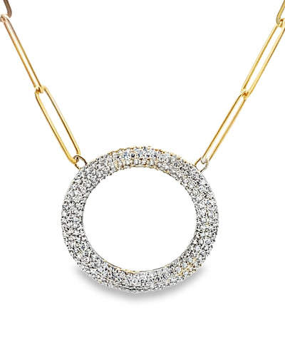 14K Yellow Gold Paperclip Chain & Round Diamond Pendant Necklace