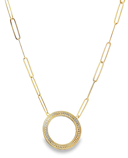 14K Yellow Gold Paperclip Chain & Round Diamond Pendant Necklace