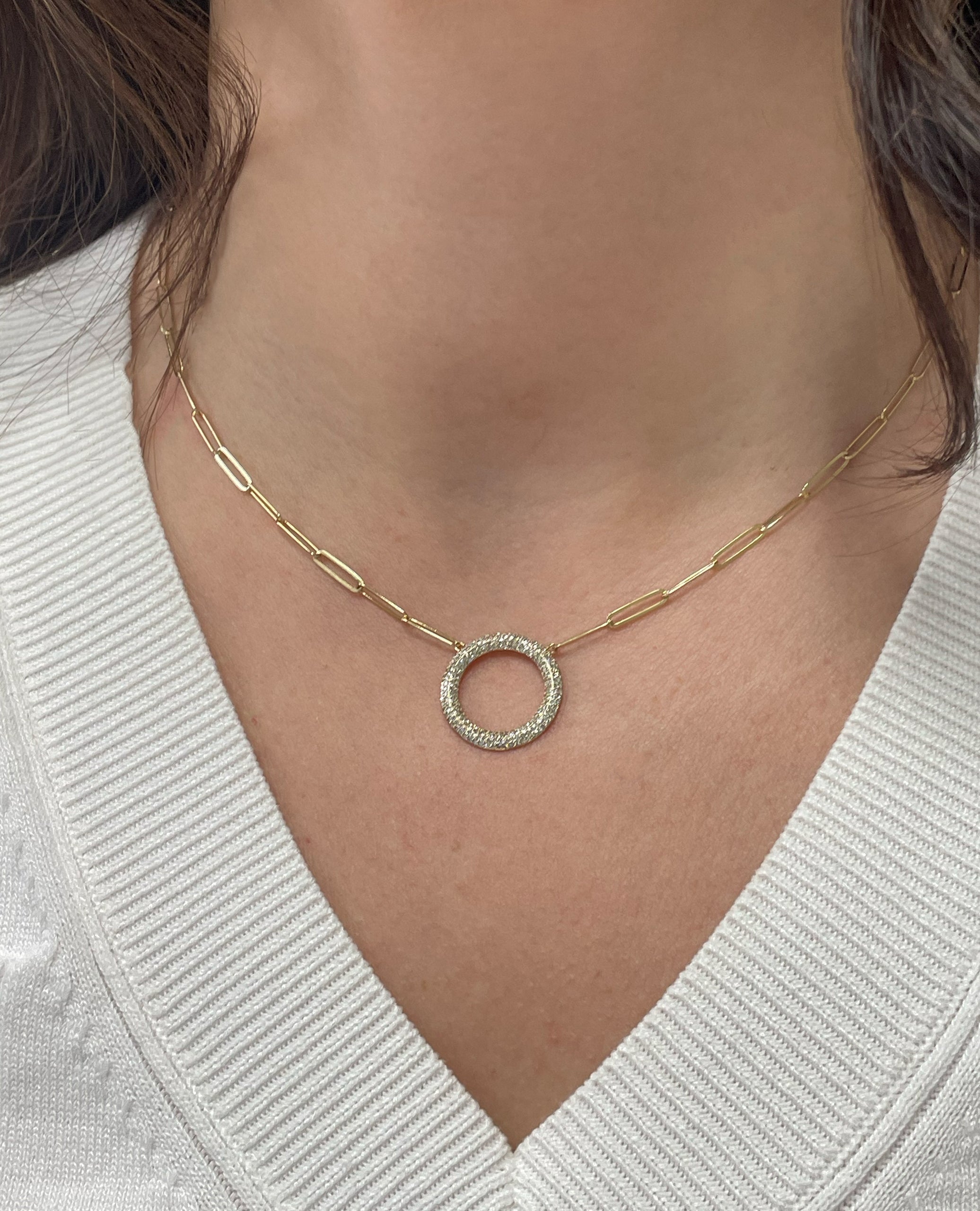 14K Yellow Gold Paperclip Chain & Round Diamond Pendant Necklace