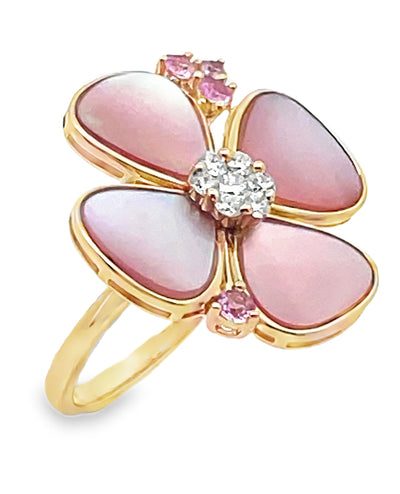 14K Yellow Gold Mother of Pearl, Pink Sapphire, & Diamond Flower Ring