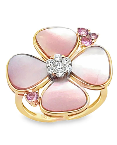 14K Yellow Gold Mother of Pearl, Pink Sapphire, & Diamond Flower Ring