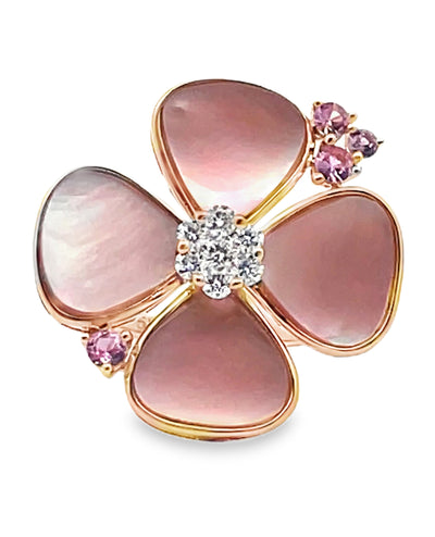 14K Yellow Gold Mother of Pearl, Pink Sapphire, & Diamond Flower Ring
