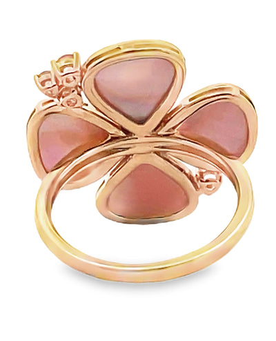 14K Yellow Gold Mother of Pearl, Pink Sapphire, & Diamond Flower Ring