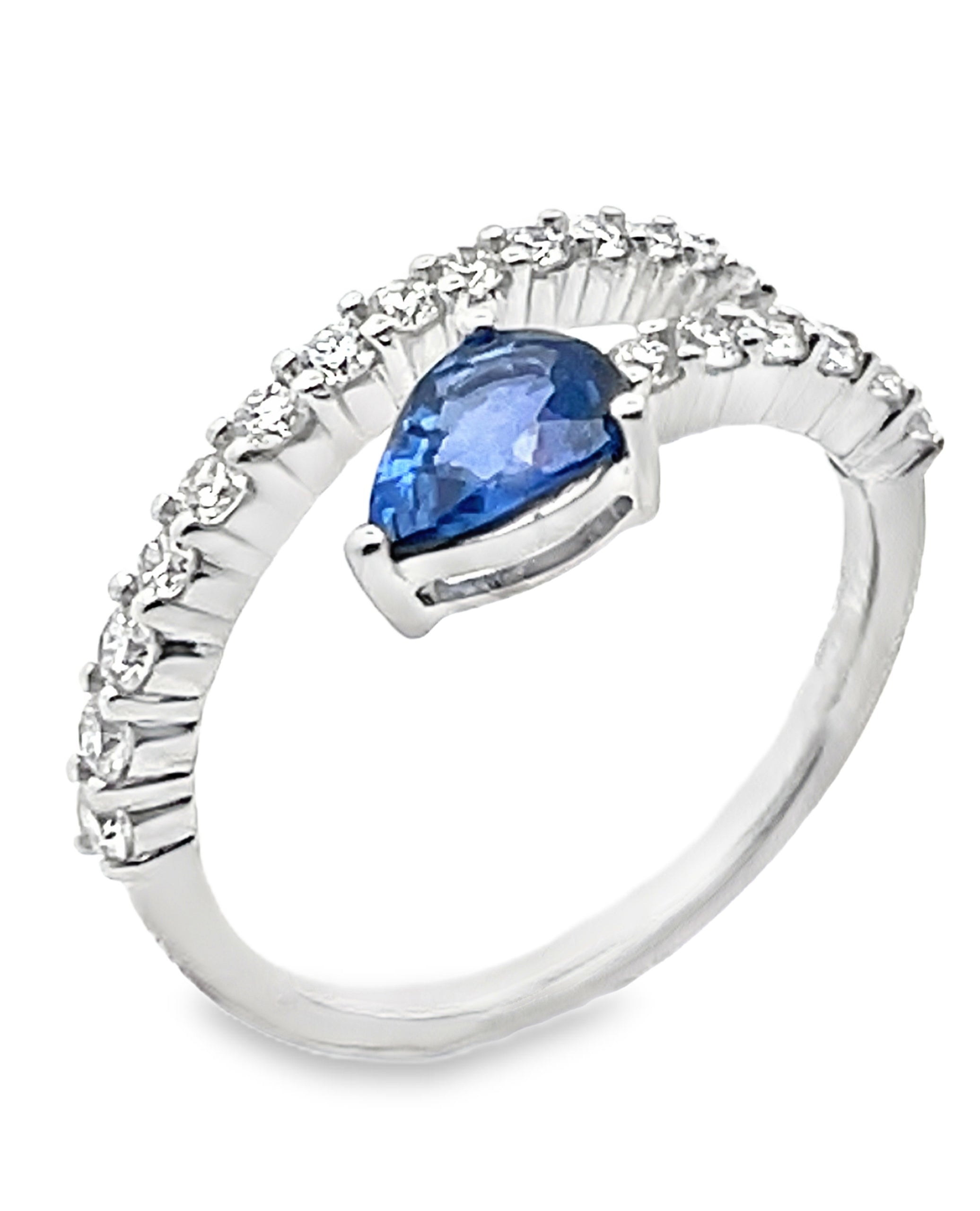 14K White Gold Diamond and Blue Sapphire Bypass Ring