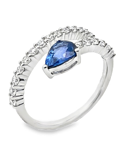 14K White Gold Diamond and Blue Sapphire Bypass Ring