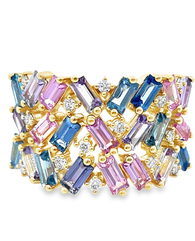 14K Yellow Gold Diamond & Multicolor Sapphire Ring