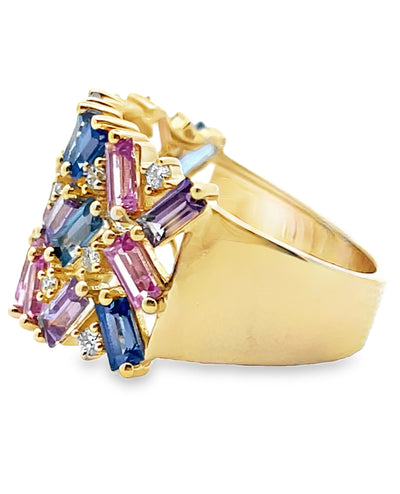 14K Yellow Gold Diamond & Multicolor Sapphire Ring
