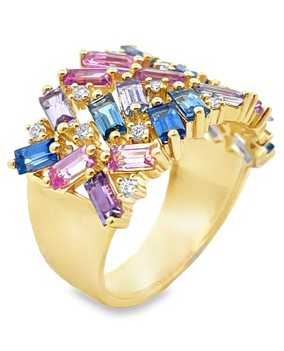14K Yellow Gold Diamond & Multicolor Sapphire Ring