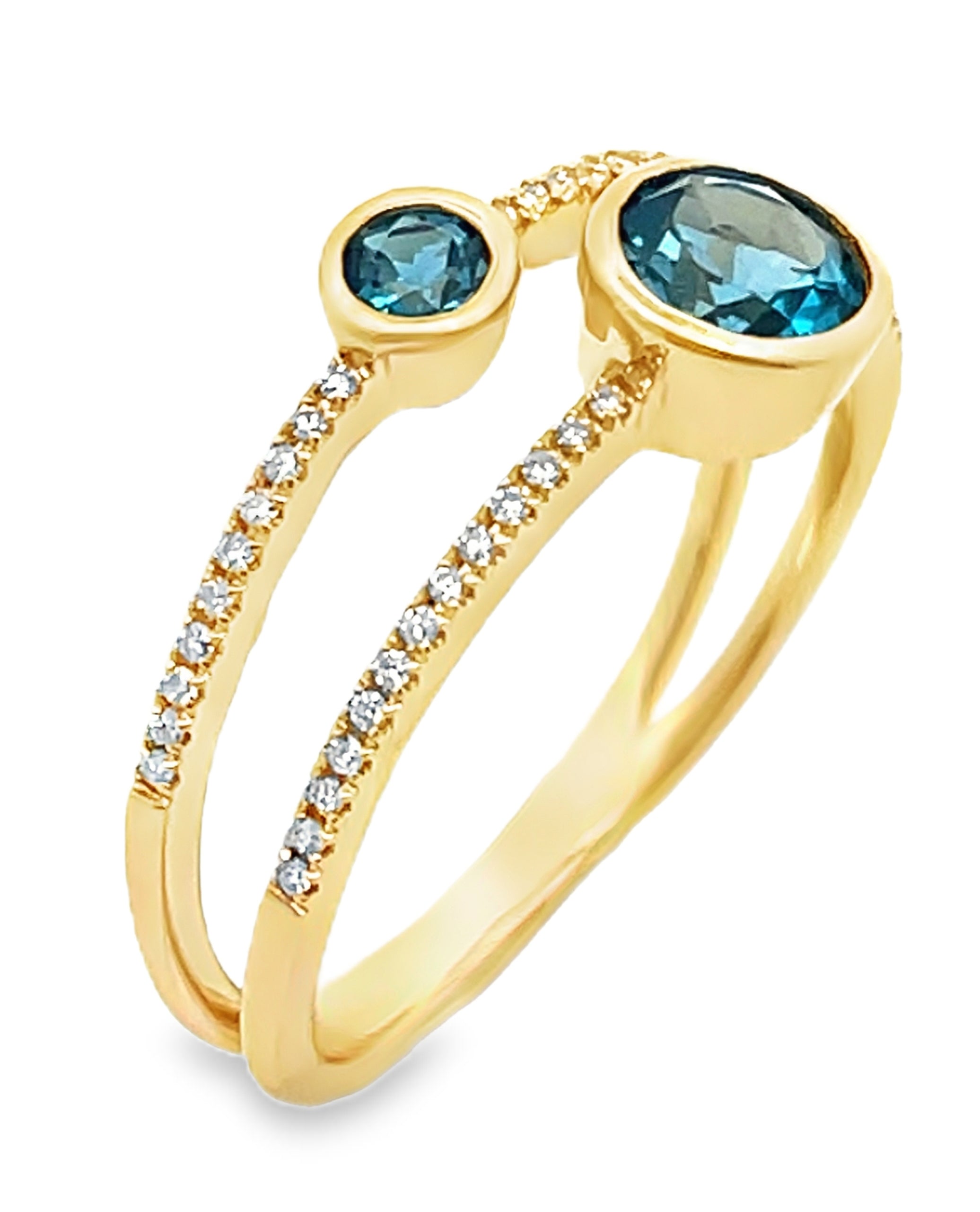 14K Yellow Gold Double Row Ring with London Blue Topaz and Diamond