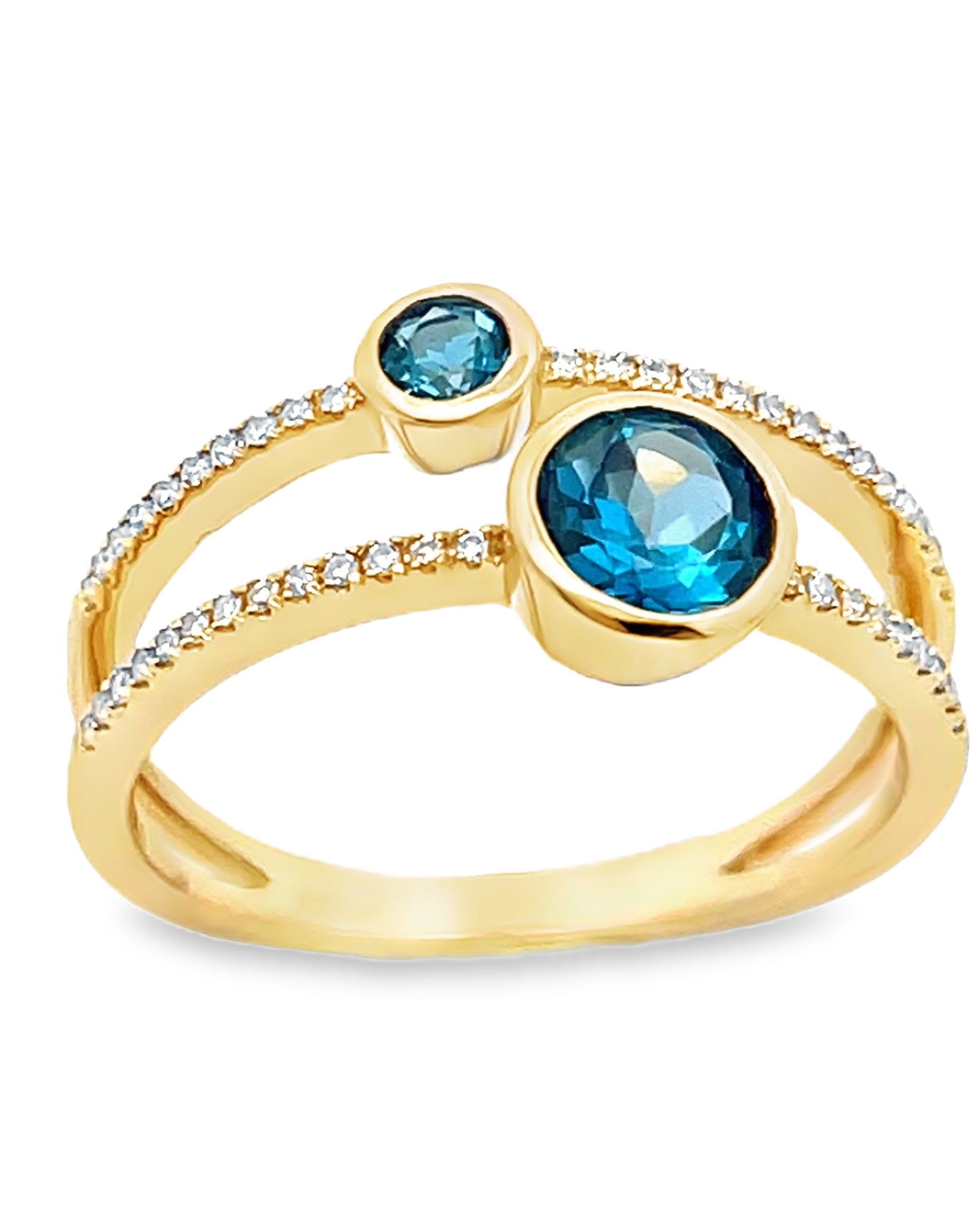 14K Yellow Gold Double Row Ring with London Blue Topaz and Diamond
