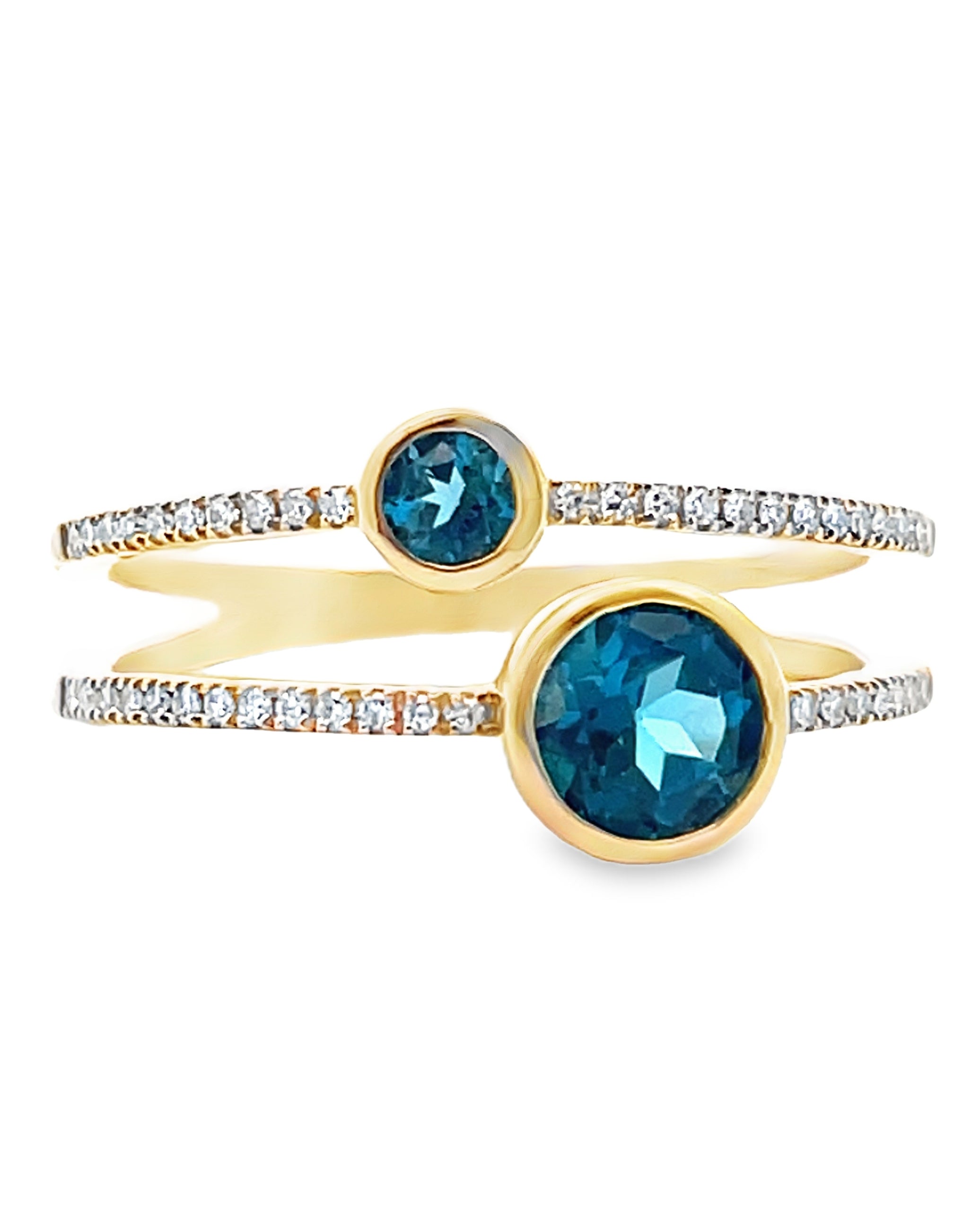 14K Yellow Gold Double Row Ring with London Blue Topaz and Diamond