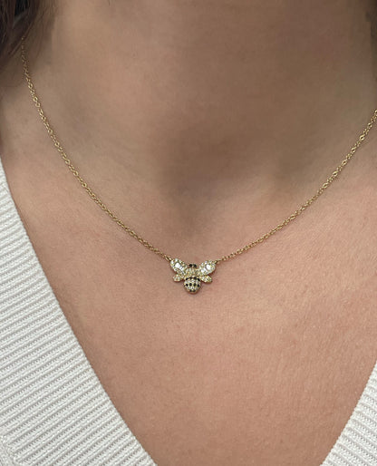 18K Yellow Gold Diamond Bee Pendant Necklace