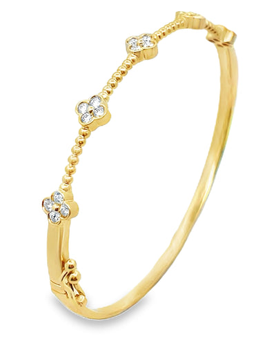 Allison Kaufman 14K Yellow Gold Diamond Four Leaf Quatrefoil Hinged Bangle Bracelet