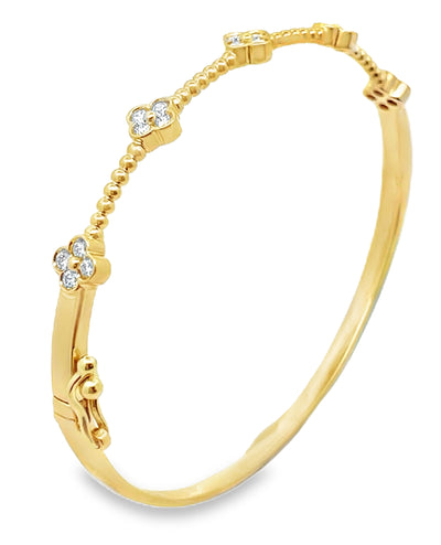 Allison Kaufman 14K Yellow Gold Diamond Four Leaf Quatrefoil Hinged Bangle Bracelet