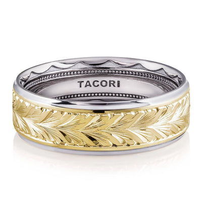Tacori 166-7WY WE Flat High Polish Finish Wheat Hand Engraved Wedding Band in 18K White Gold and 18K Yellow Gold