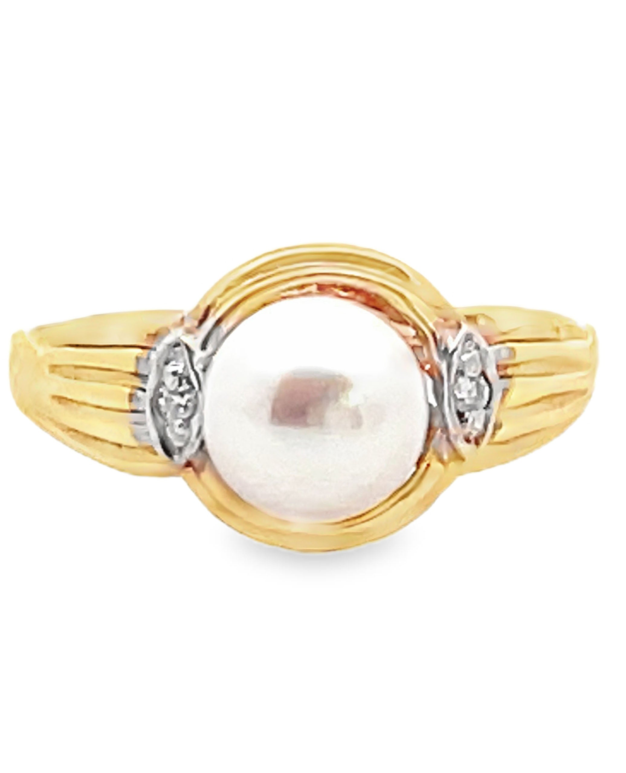 14K Yellow Gold Pearl Ring with Diamonds- Size 5.75
