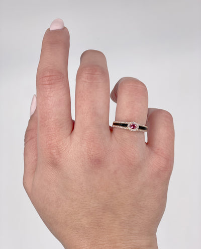 Oval Pink Tourmaline in 14K Rose Gold Ring with Black Enamel and Halo Diamonds