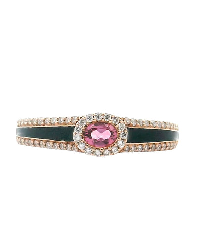 Oval Pink Tourmaline in 14K Rose Gold Ring with Black Enamel and Halo Diamonds