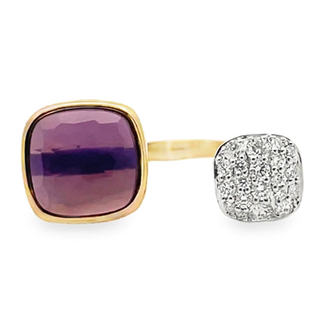 14K Two-Tone Gold Bypass Ring With Round Diamonds Totaling 0.22 Carats, One Amethyst 2.39 Carats