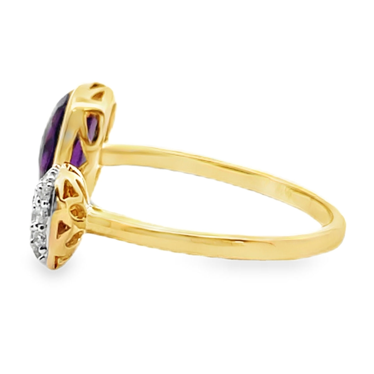 14K Two-Tone Gold Bypass Ring With Round Diamonds Totaling 0.22 Carats, One Amethyst 2.39 Carats