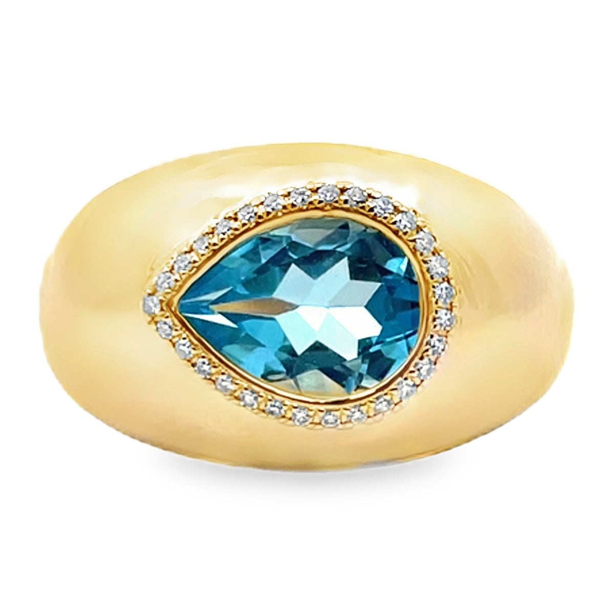 14K Yellow Gold Domed Ring With Diamonds Totaling 0.08 Carat, One Pear Shaped Blue Topaz 1.72 Carats
