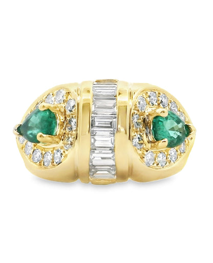 Vintage Pear Shaped Emerald Ring with Baguette & Round Diamonds Set in 18K Gold
