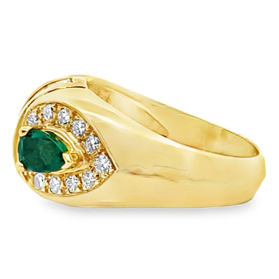 Vintage Pear Shaped Emerald Ring with Baguette & Round Diamonds Set in 18K Yellow Gold