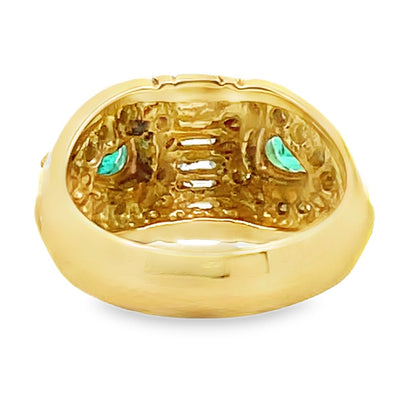 Vintage Pear Shaped Emerald Ring with Baguette & Round Diamonds Set in 18K Yellow Gold
