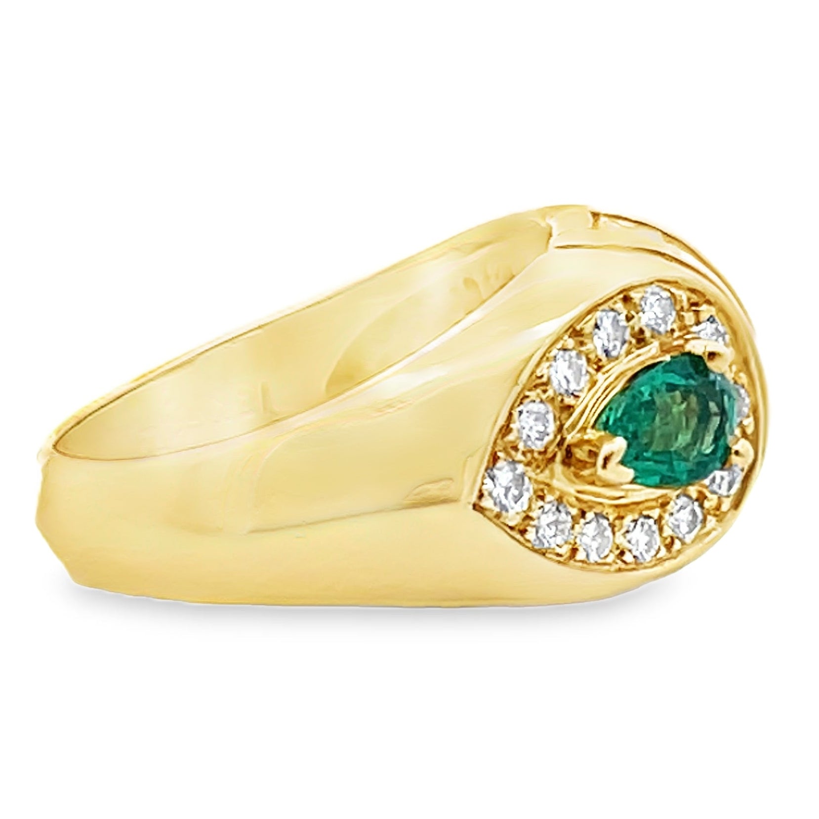 Vintage Pear Shaped Emerald Ring with Baguette & Round Diamonds Set in 18K Yellow Gold