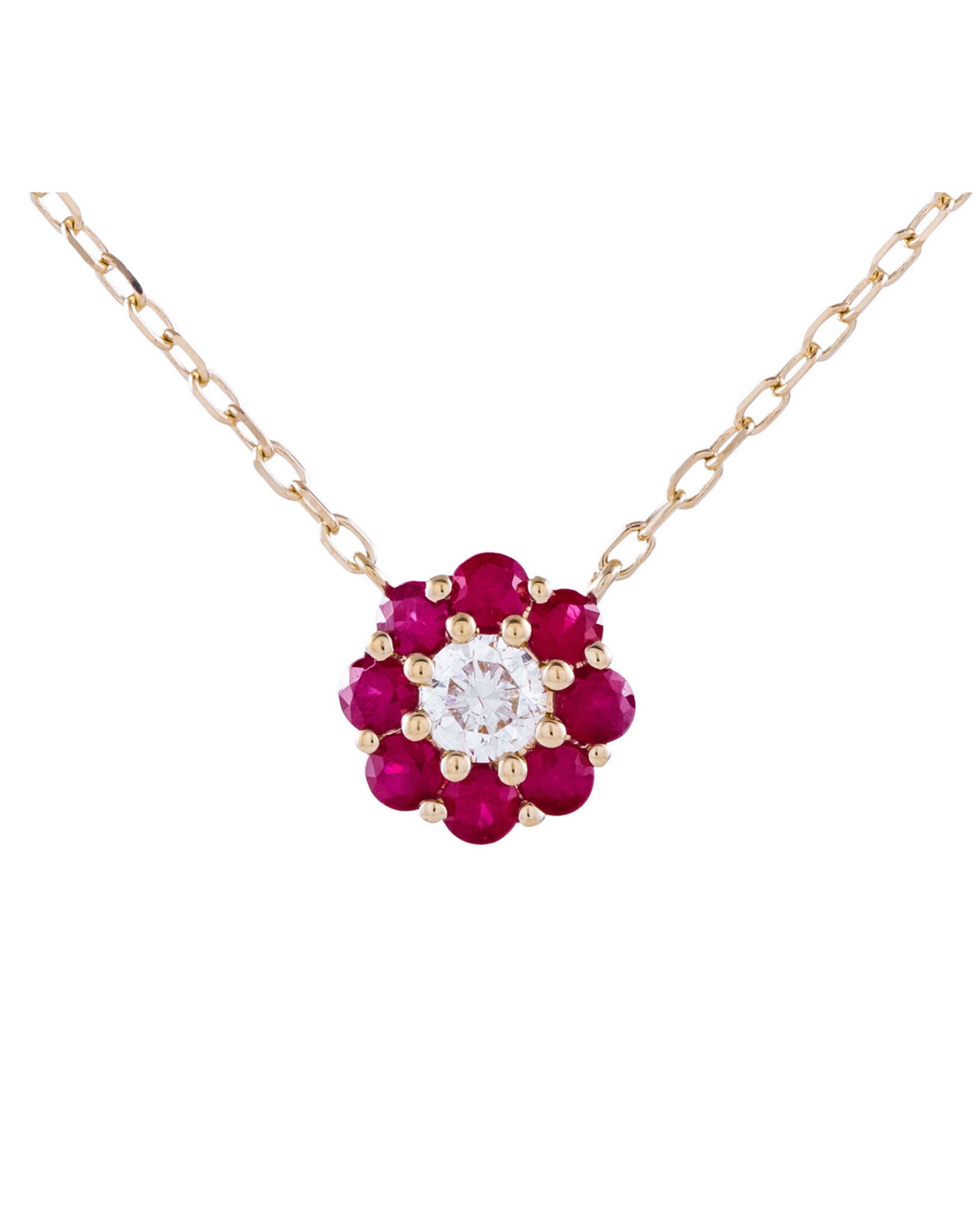 14K Yellow Gold Petite Flower Necklace with Rubies and Diamond