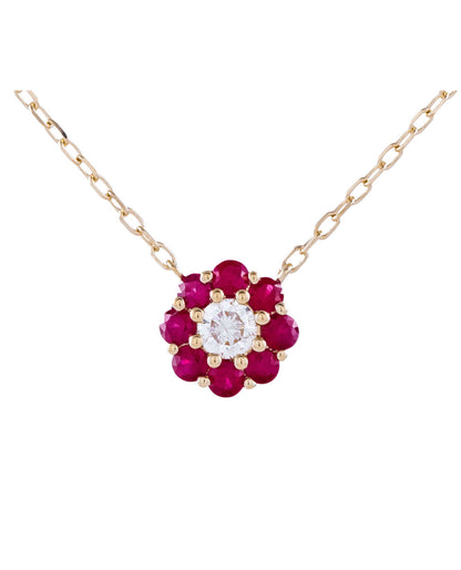 14K Yellow Gold Petite Flower Necklace with Rubies and Diamond