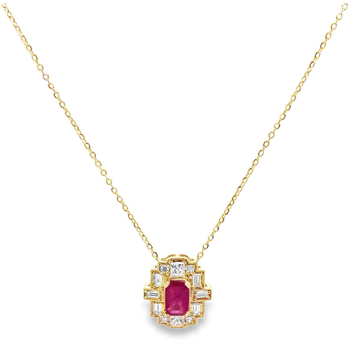 14K Yellow Gold Necklace with Oval Ruby 0.73 Carats, Diamonds Totaling 0.38 Carats, Adjustable Length