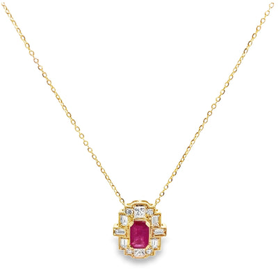 14K Yellow Gold Necklace with Oval Ruby 0.73 Carats, Diamonds Totaling 0.38 Carats, Adjustable Length