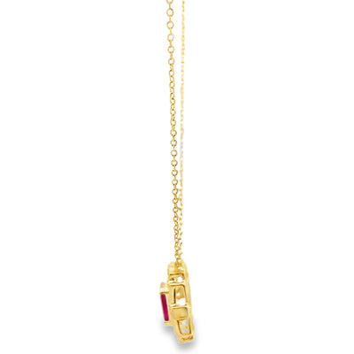14K Yellow Gold Necklace with Oval Ruby 0.73 Carats, Diamonds Totaling 0.38 Carats, Adjustable Length
