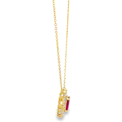 14K Yellow Gold Necklace with Oval Ruby 0.73 Carats, Diamonds Totaling 0.38 Carats, Adjustable Length