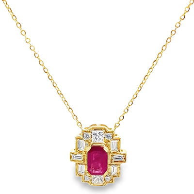 14K Yellow Gold Necklace with Oval Ruby 0.73 Carats, Diamonds Totaling 0.38 Carats, Adjustable Length