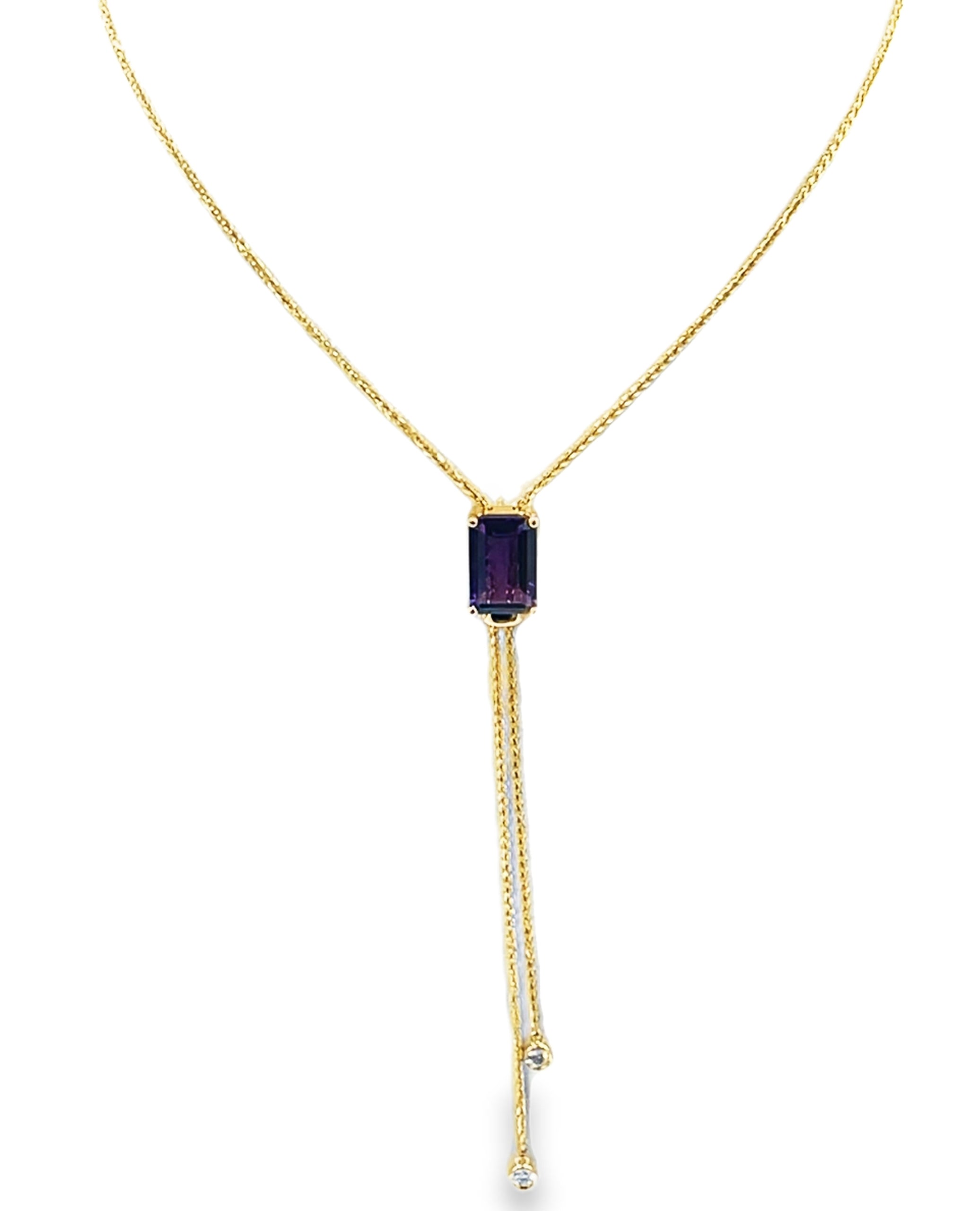 14K Yellow Gold Long Y-Shaped Necklace with One 4.56 Carat Amethyst & 0.14 Carat Diamonds