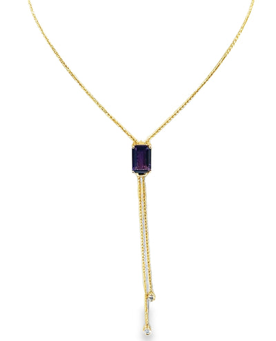 14K Yellow Gold Long Y-Shaped Necklace with One 4.56 Carat Amethyst & 0.14 Carat Diamonds