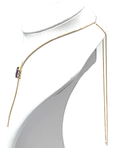 14K Yellow Gold Long Y-Shaped Necklace with One 4.56 Carat Amethyst & 0.14 Carat Diamonds
