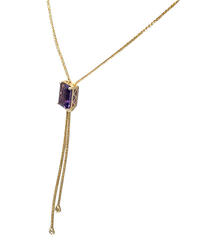 14K Yellow Gold Long Y-Shaped Necklace with One 4.56 Carat Amethyst & 0.14 Carat Diamonds