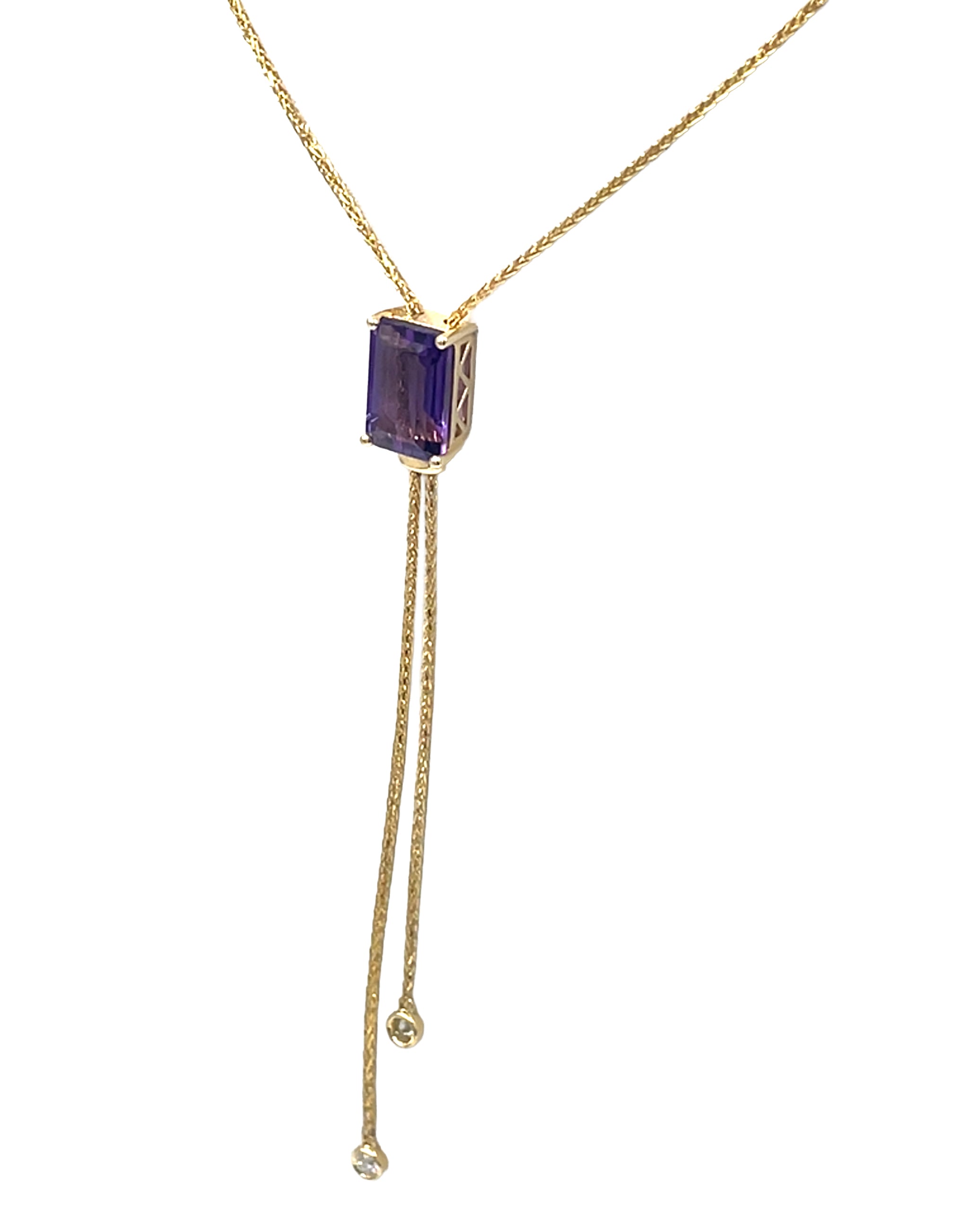 14K Yellow Gold Long Y-Shaped Necklace with One 4.56 Carat Amethyst & 0.14 Carat Diamonds