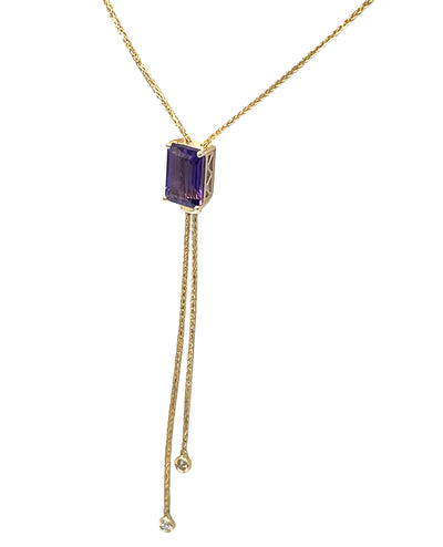 14K Yellow Gold Long Y-Shaped Necklace with One 4.56 Carat Amethyst & 0.14 Carat Diamonds