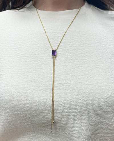 14K Yellow Gold Long Y-Shaped Necklace with One 4.56 Carat Amethyst & 0.14 Carat Diamonds