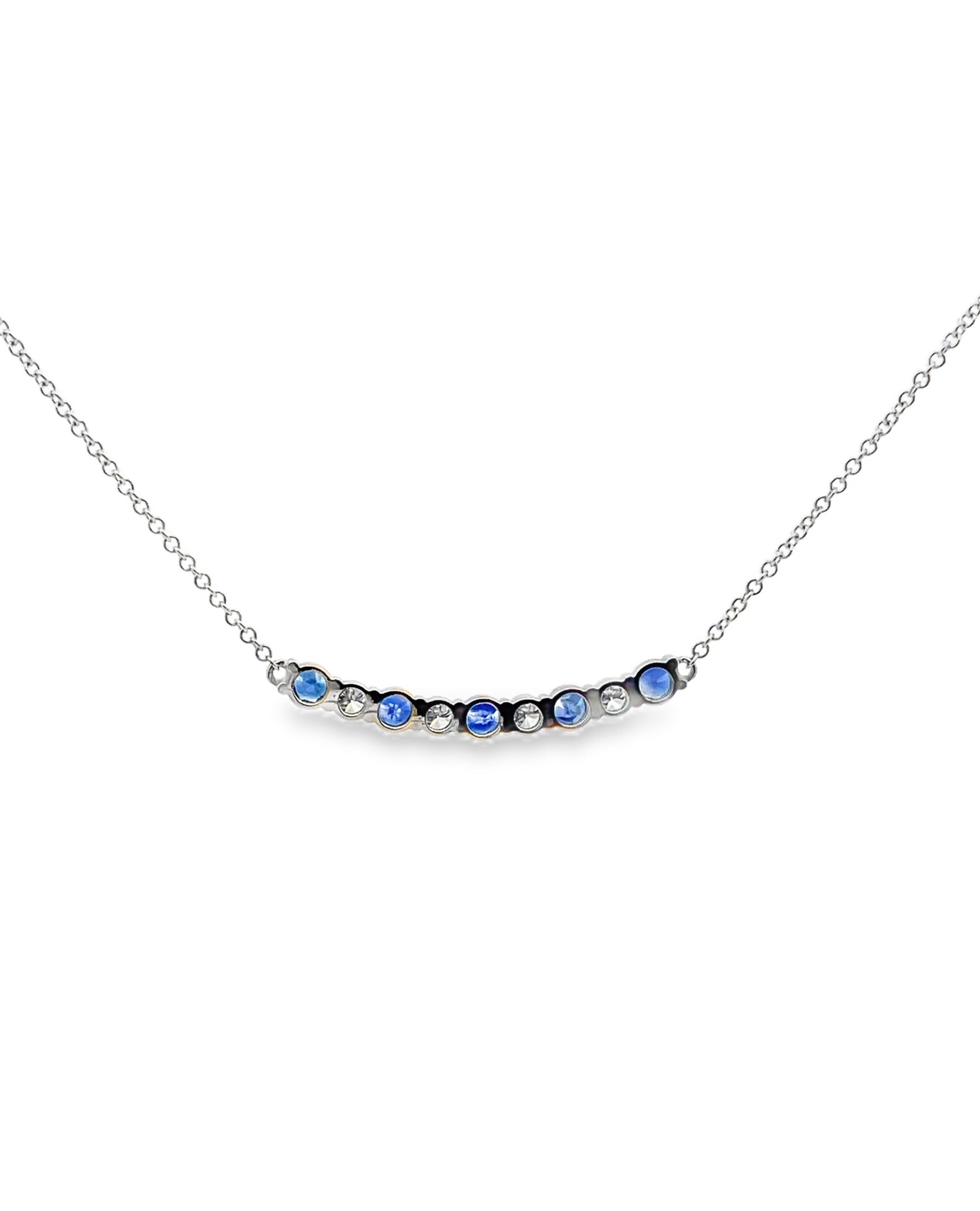 14K White Gold Single Row Pendant Necklace with Alternating 0.79 Carat Round Sapphires & 0.40 Carat Round Diamond