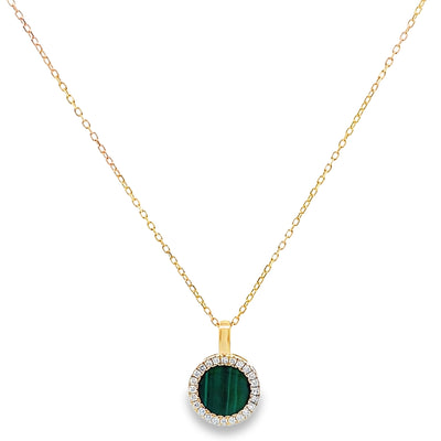 14K Yellow Gold Necklace With One Oval Malachite 1.93 Carats And Diamonds Totaling 0.12 Carats, Adjustable Length