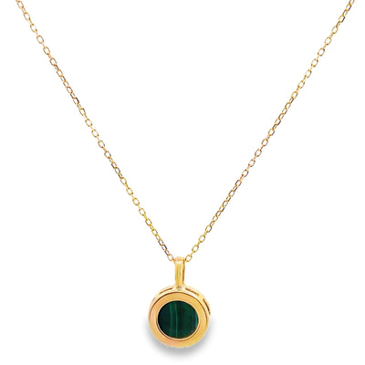 14K Yellow Gold Necklace With One Oval Malachite 1.93 Carats And Diamonds Totaling 0.12 Carats, Adjustable Length
