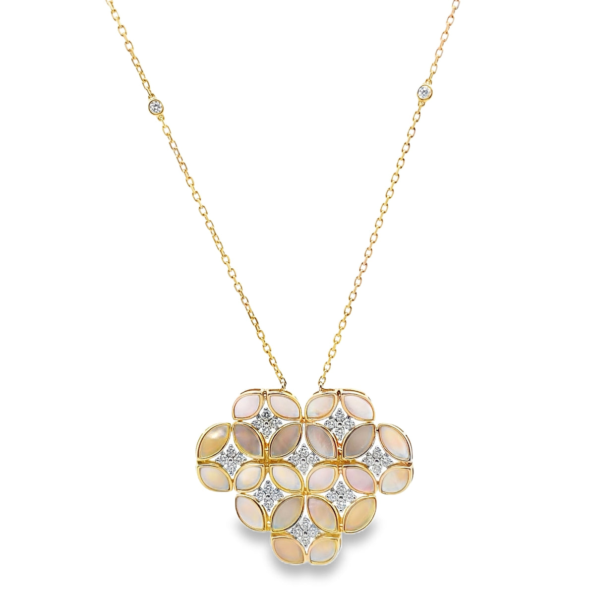 14K Yellow Gold Necklace, Mother of Pearl Totaling 5.71 carats, Diamonds Totaling 0.82 carats, Adjustable Length