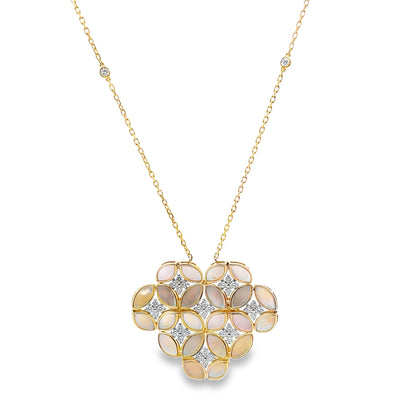 14K Yellow Gold Necklace, Mother of Pearl Totaling 5.71 carats, Diamonds Totaling 0.82 carats, Adjustable Length