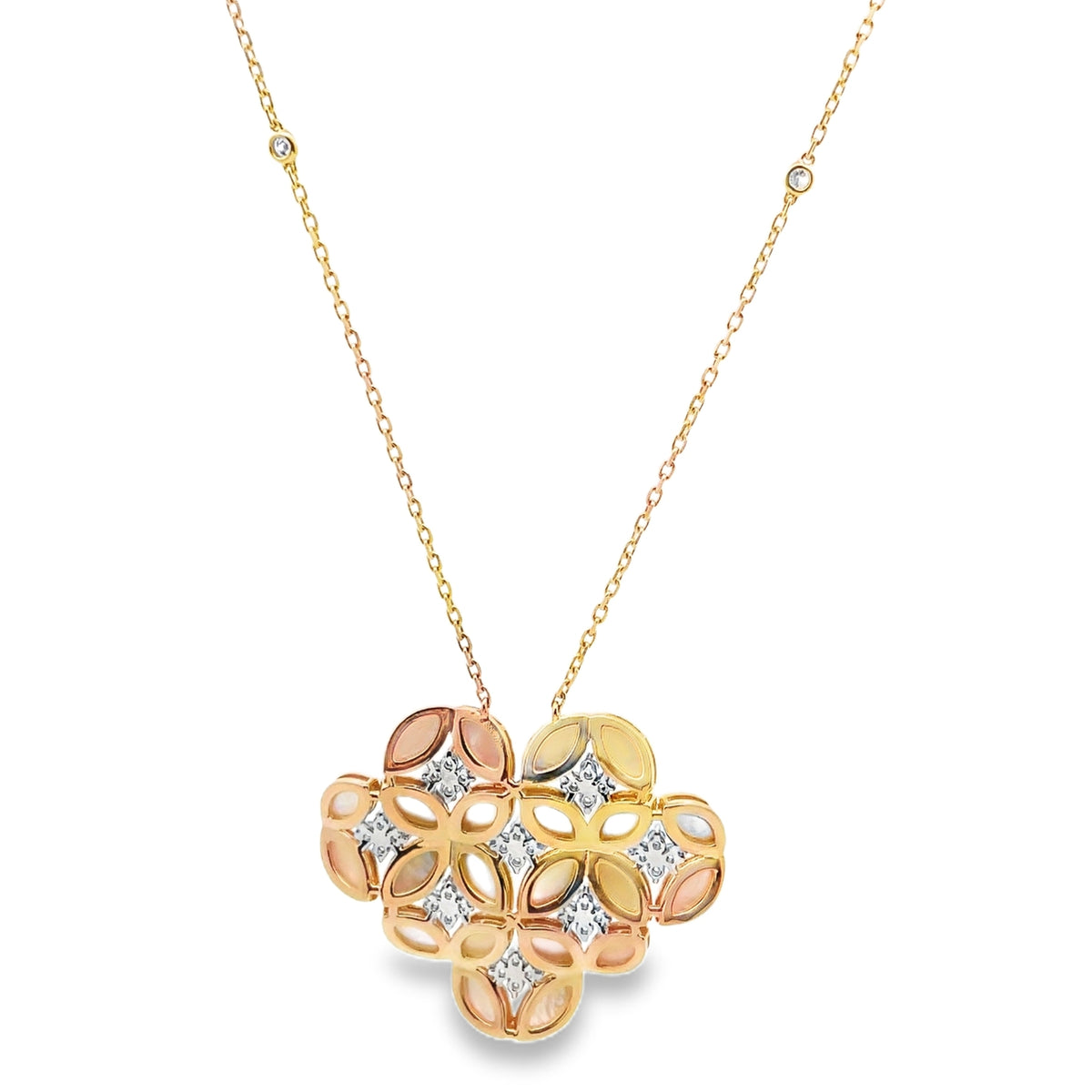 14K Yellow Gold Necklace, Mother of Pearl Totaling 5.71 carats, Diamonds Totaling 0.82 carats, Adjustable Length